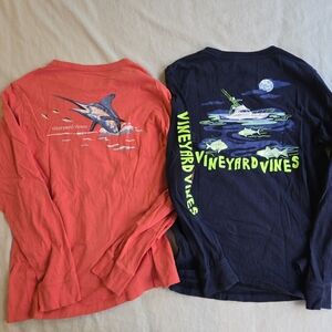 Vineyard Vines Fishing Long Sleeve Shirts - Red Marlin and Navy Boat Graphic tee